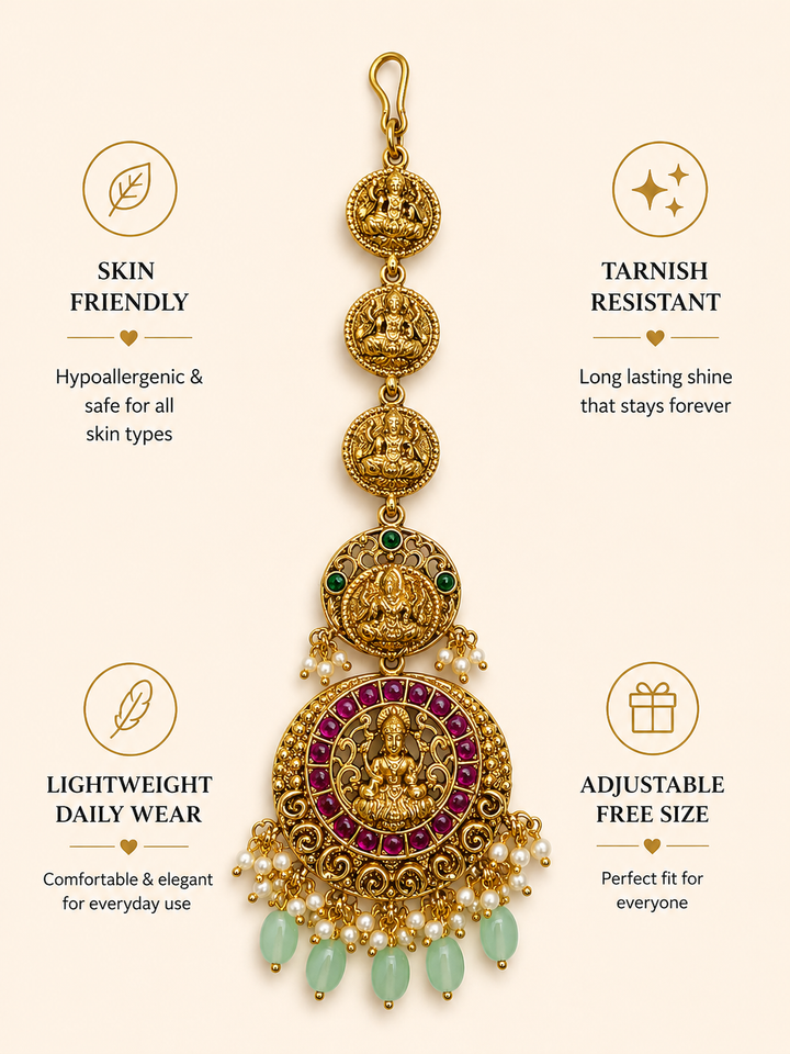 Bridal Wear Handcrafted Matt Gold Temple Maang Tikka | SHOBITAM