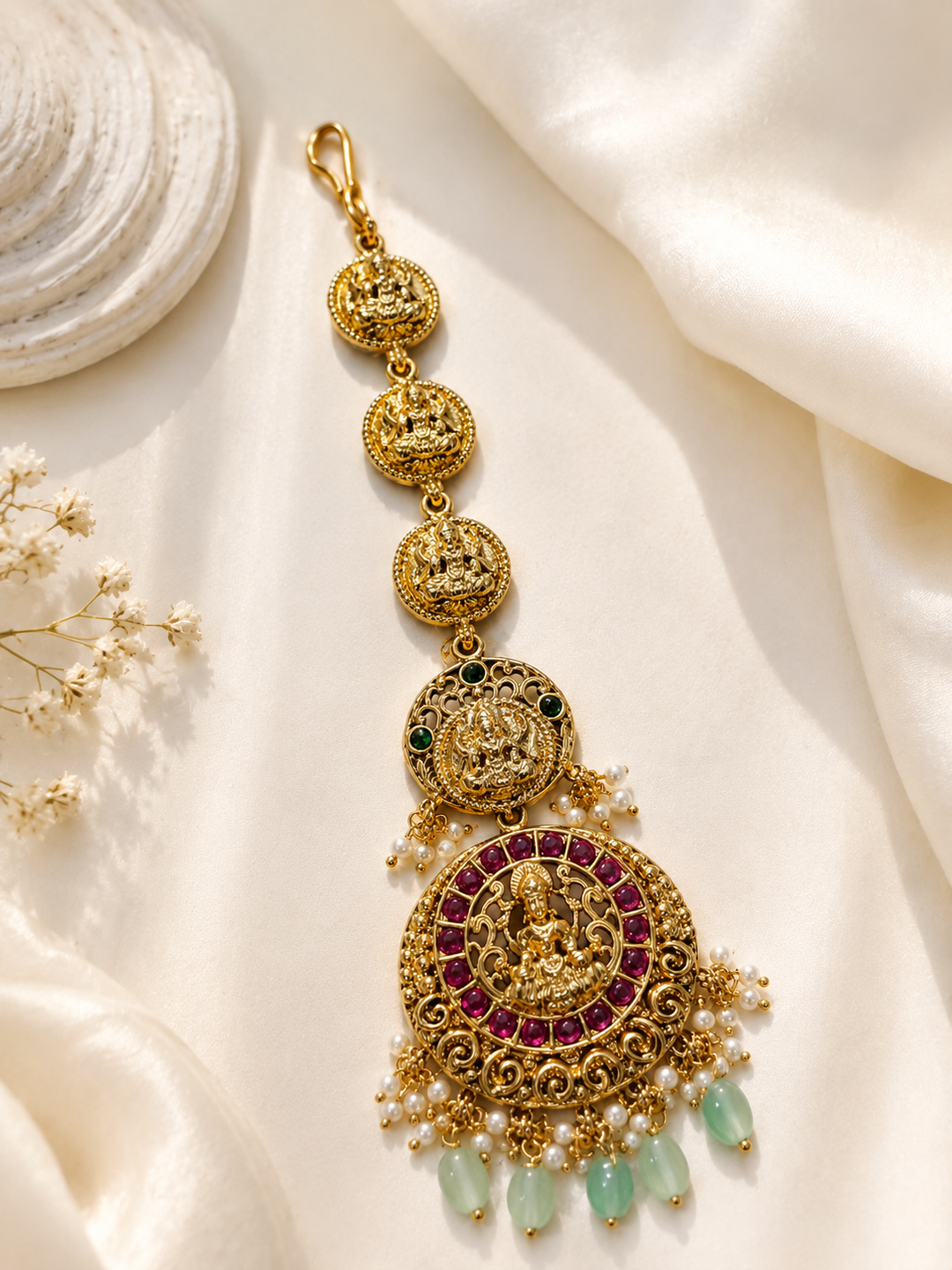 Bridal Wear Handcrafted Matt Gold Temple Maang Tikka | SHOBITAM