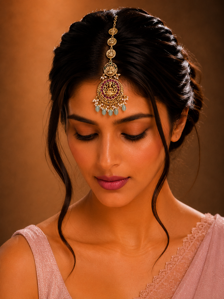 Bridal Wear Handcrafted Matt Gold Temple Maang Tikka | SHOBITAM