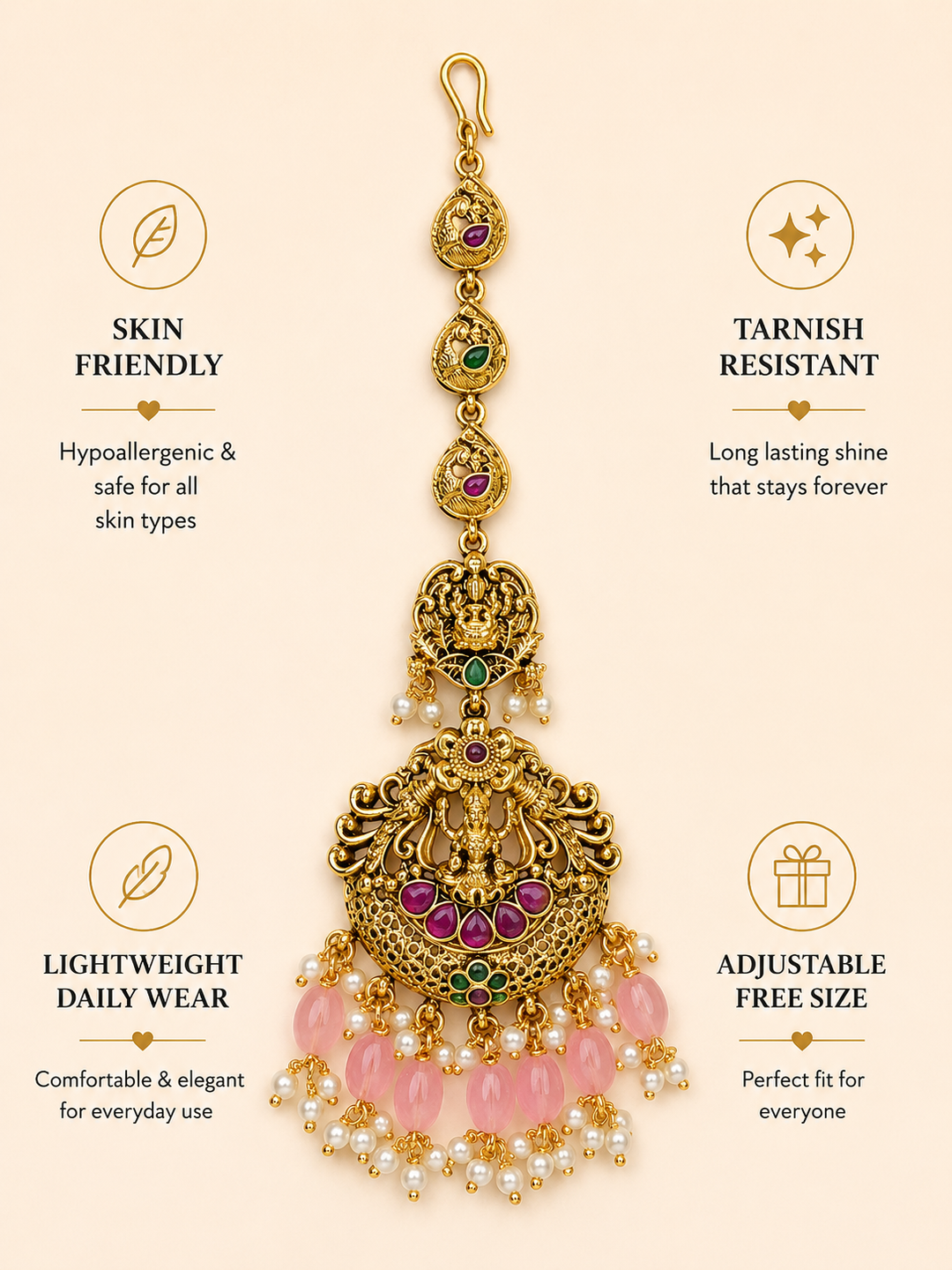 Temple Ethnic Goddess Laxmi Pink Pearl Maang Tikka | SHOBITAM