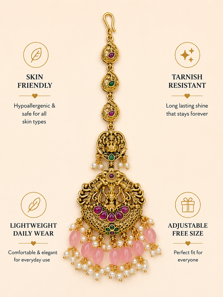 Temple Ethnic Goddess Laxmi Pink Pearl Maang Tikka | SHOBITAM