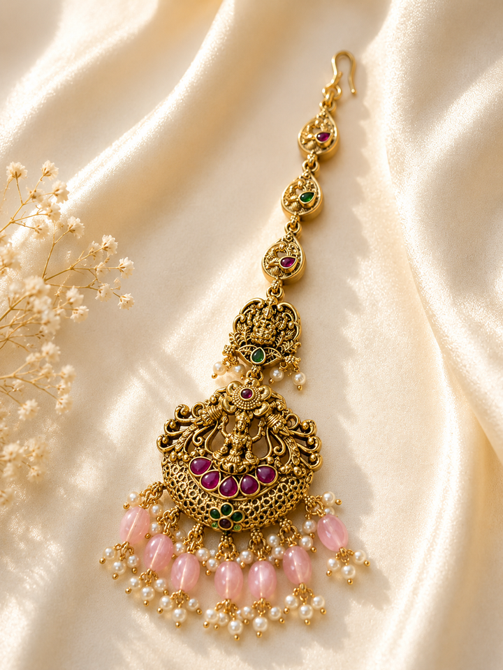Temple Ethnic Goddess Laxmi Pink Pearl Maang Tikka | SHOBITAM