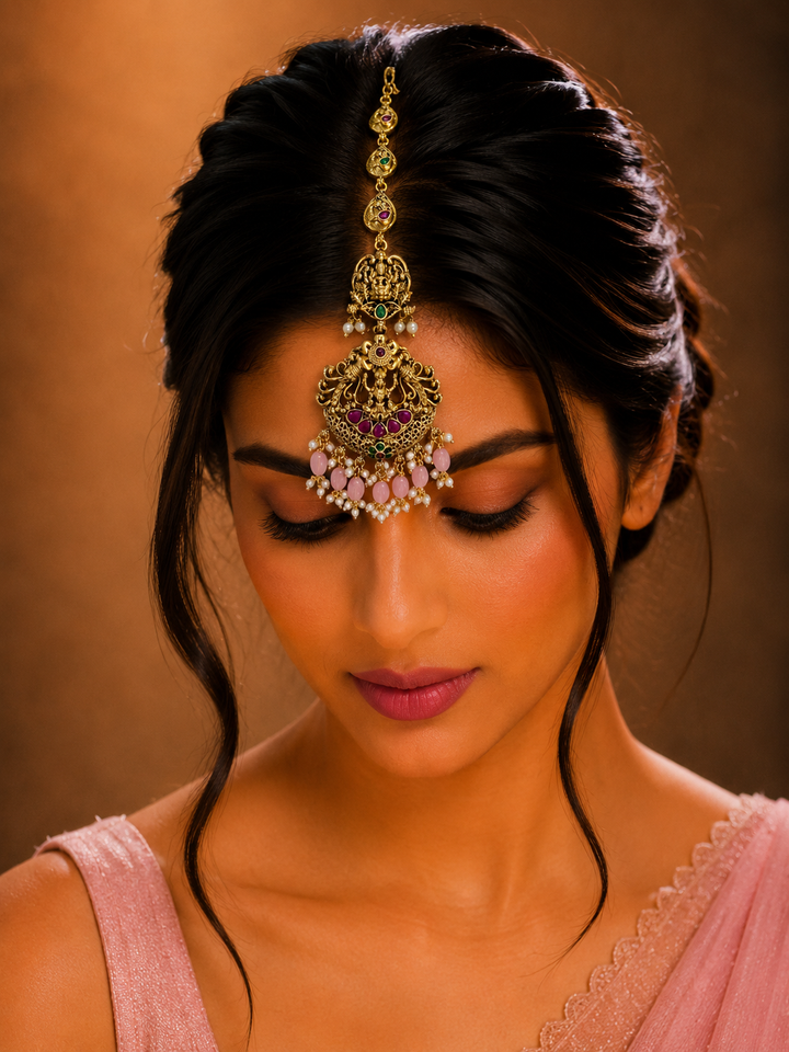Temple Ethnic Goddess Laxmi Pink Pearl Maang Tikka | SHOBITAM