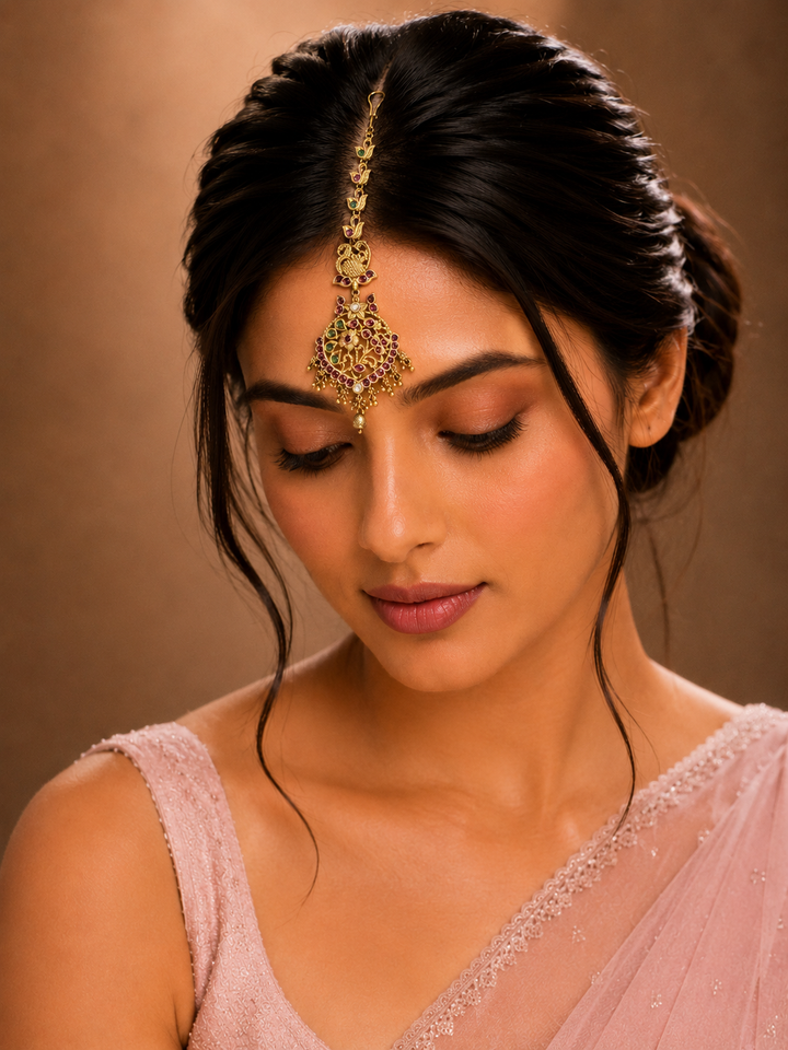 South Indian Antique Gold Plated Maangtikka Pearl Drops | SHOBITAM