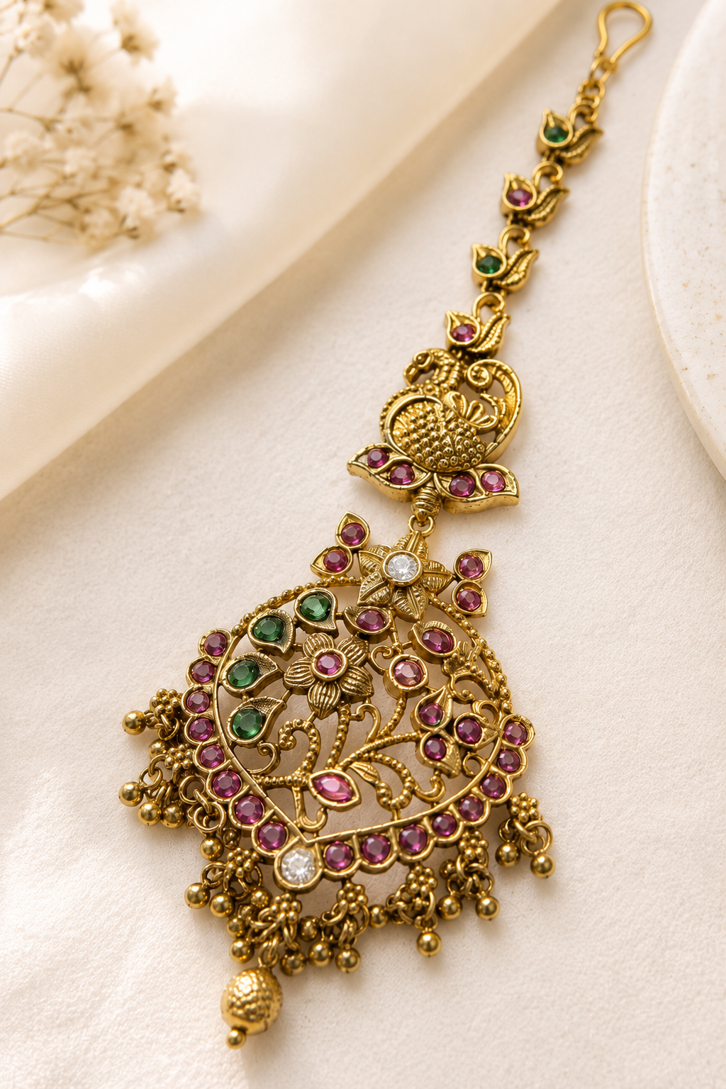 South Indian Antique Gold Plated Maangtikka Pearl Drops | SHOBITAM