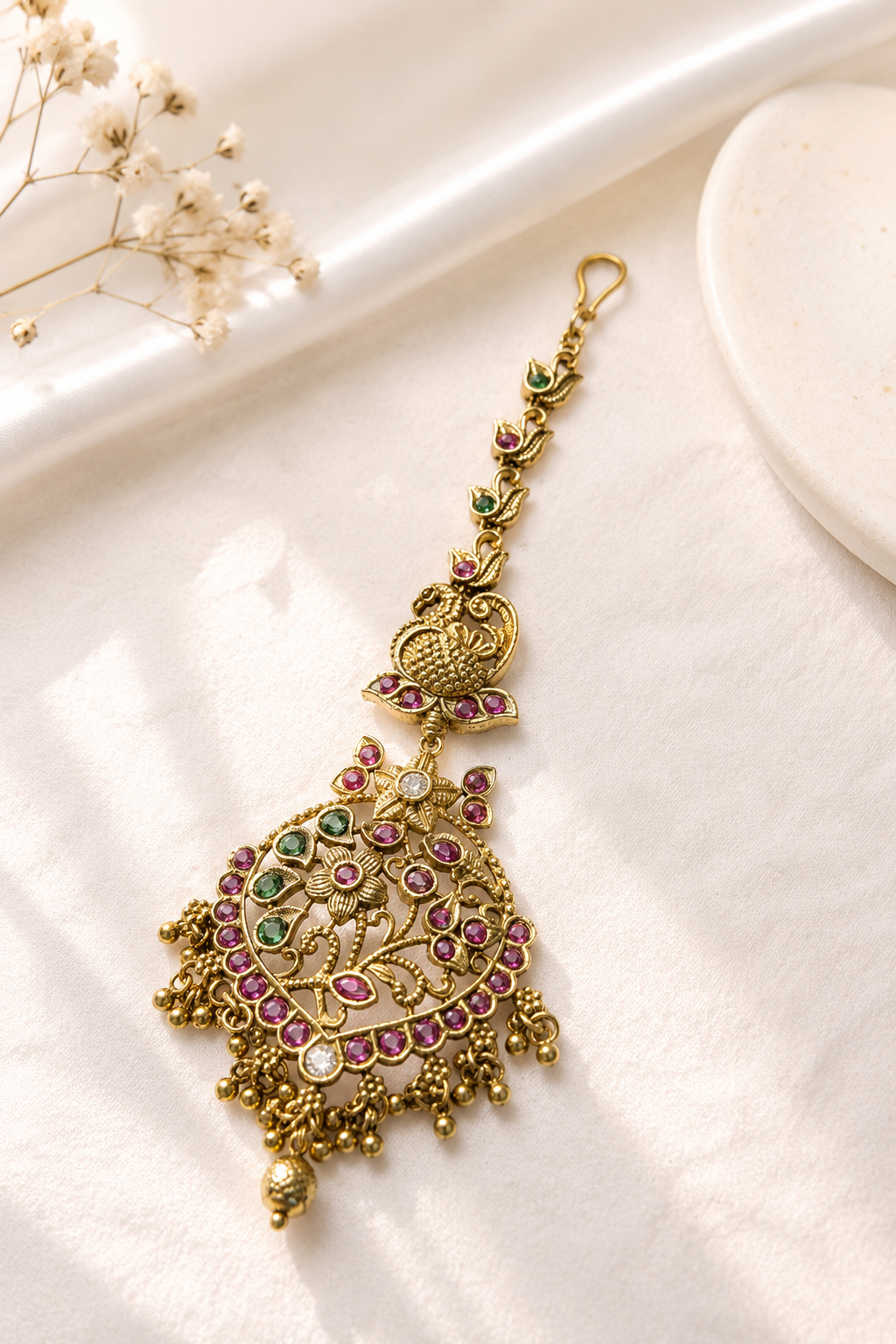 South Indian Antique Gold Plated Maangtikka Pearl Drops | SHOBITAM