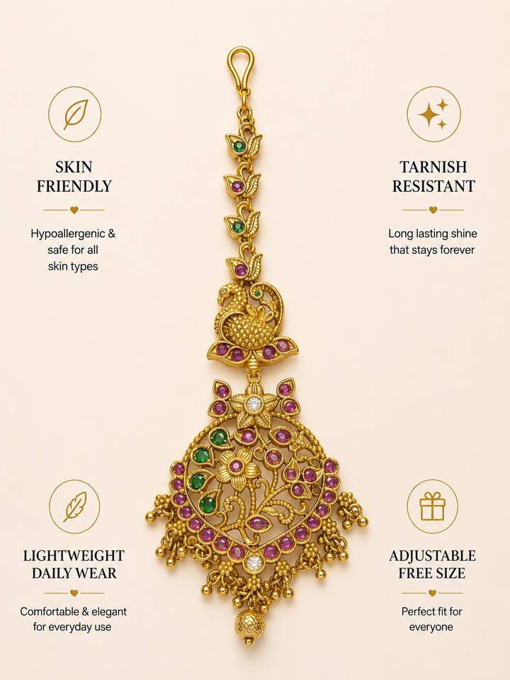 South Indian Antique Gold Plated Maangtikka Pearl Drops | SHOBITAM