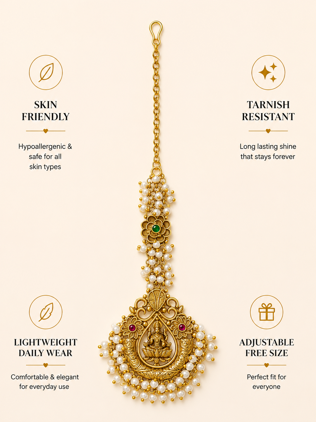 South Indian Temple Jewellery Maang Tikka with Pearl Detailing | SHOBITAM