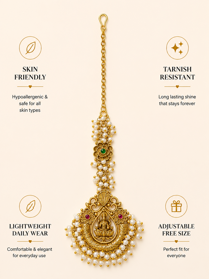 South Indian Temple Jewellery Maang Tikka with Pearl Detailing | SHOBITAM