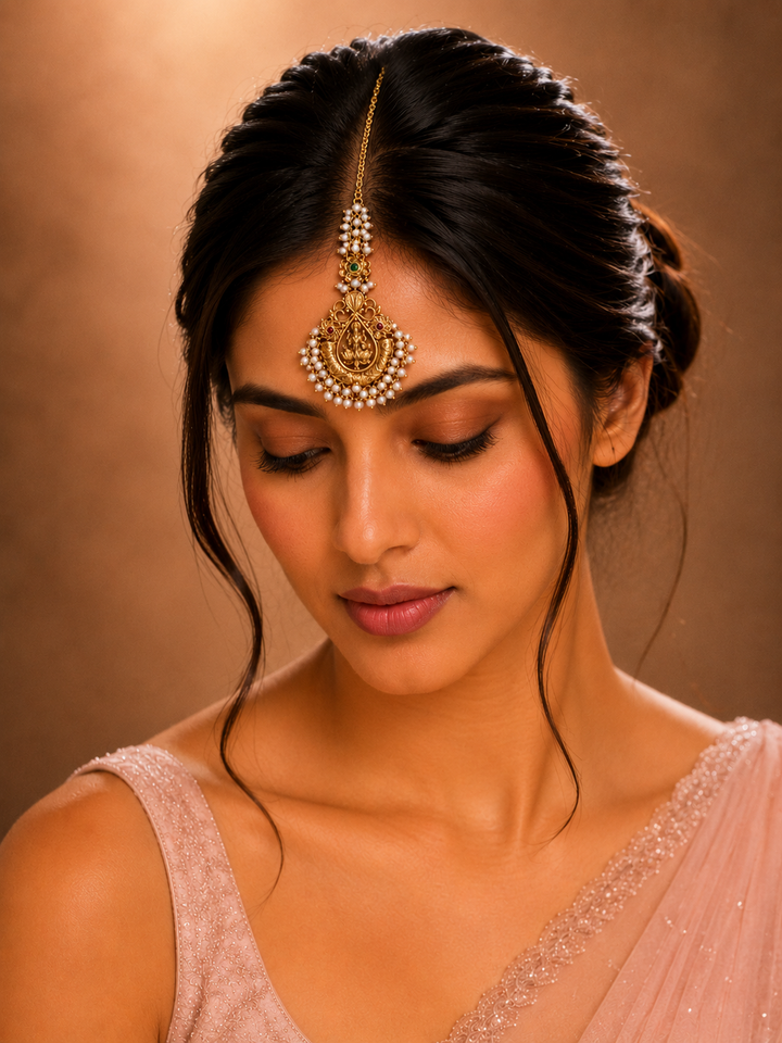 South Indian Temple Jewellery Maang Tikka with Pearl Detailing | SHOBITAM