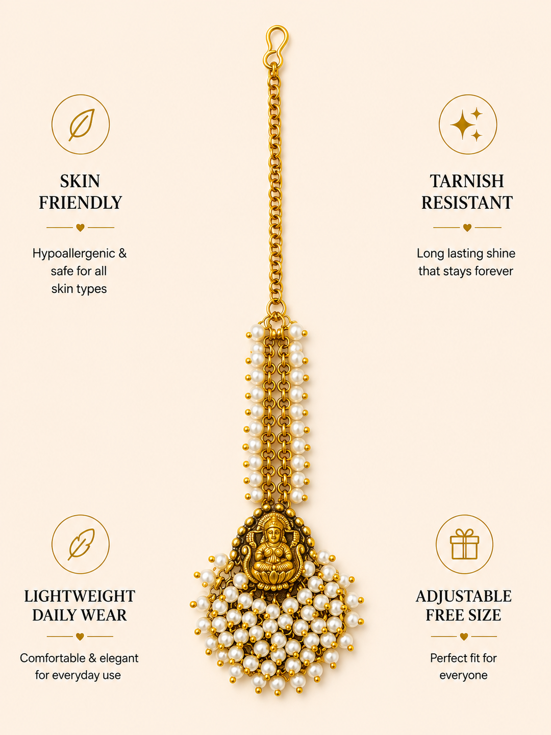 Temple Gold Plated Goddess Laxmi Maang Tikka with Pearl Drops | SHOBITAM