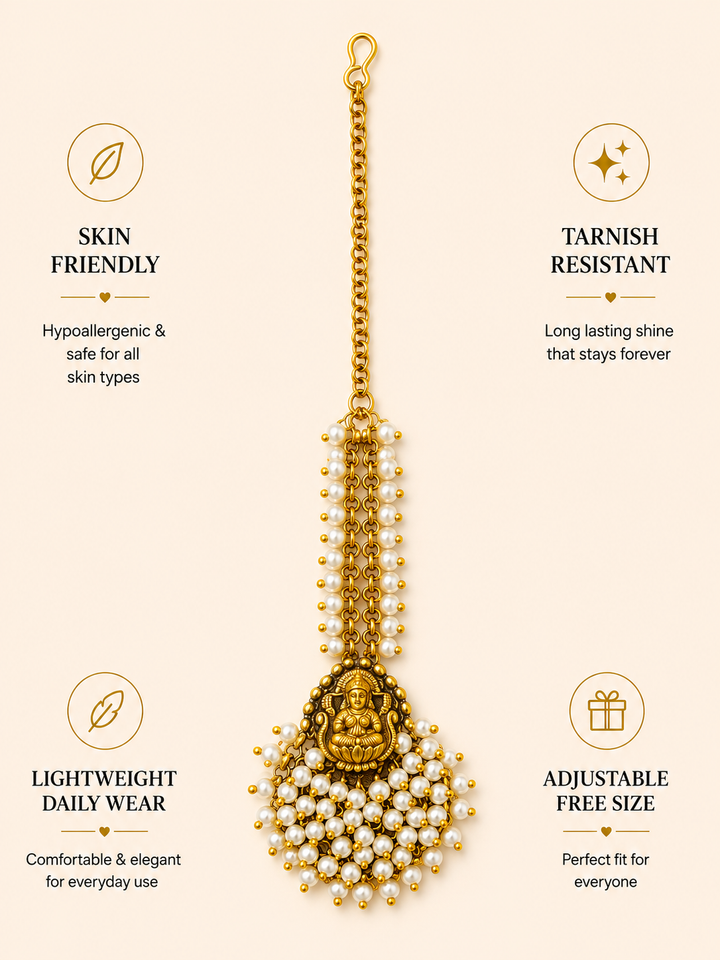Temple Gold Plated Goddess Laxmi Maang Tikka with Pearl Drops | SHOBITAM