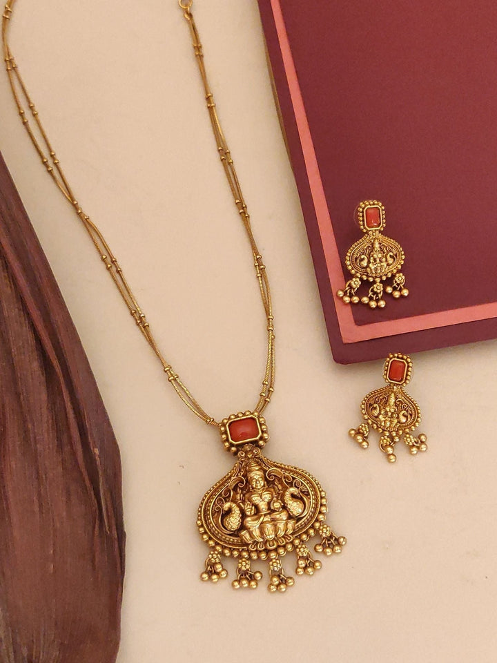 Traditional coral Gold pendant temple necklace chain set | SHOBITAM