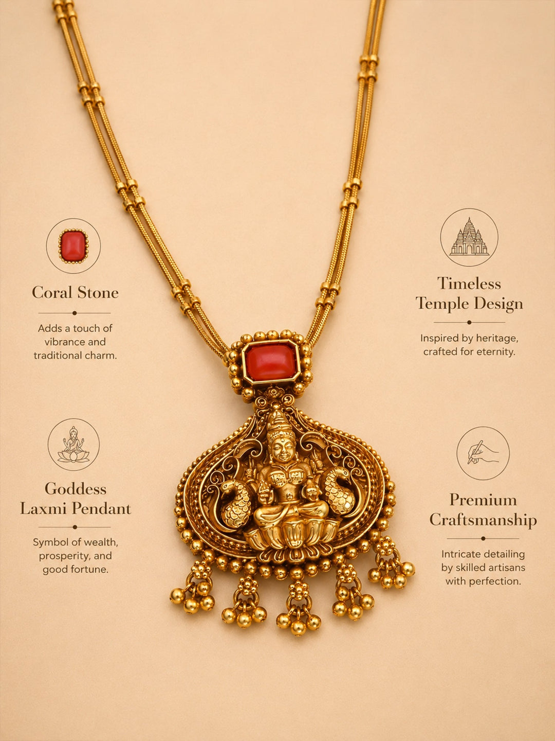 Traditional coral Gold pendant temple necklace chain set | SHOBITAM