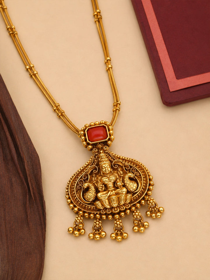 Traditional coral Gold pendant temple necklace chain set | SHOBITAM
