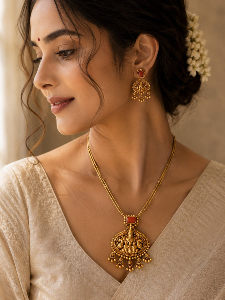 Traditional coral Gold pendant temple necklace chain set | SHOBITAM