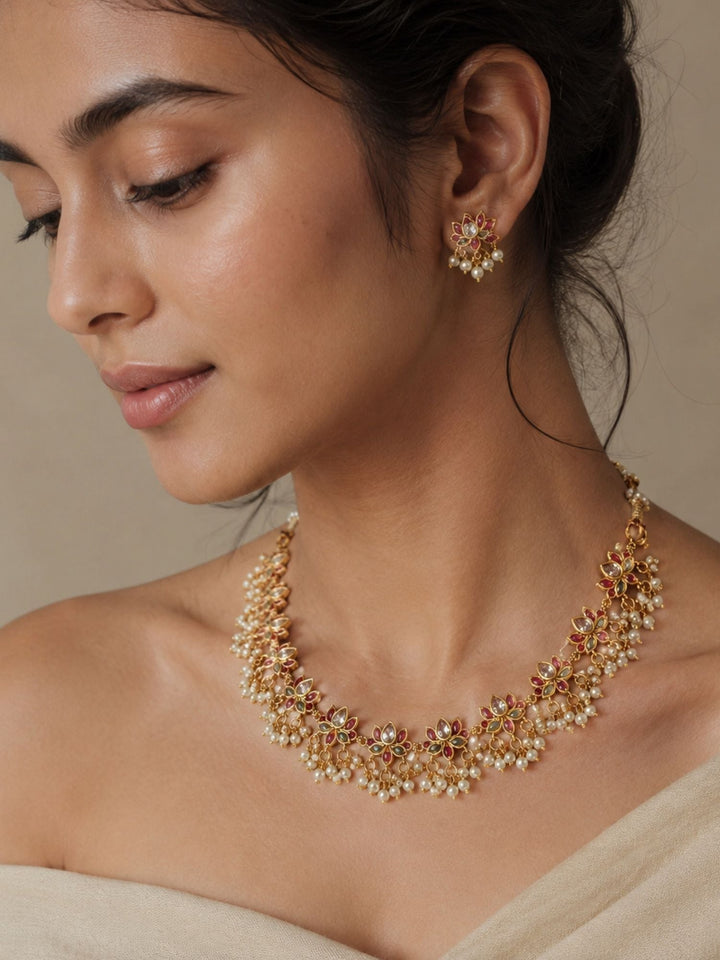 Gold Plated Kempstone Necklace Set | SHOBITAM