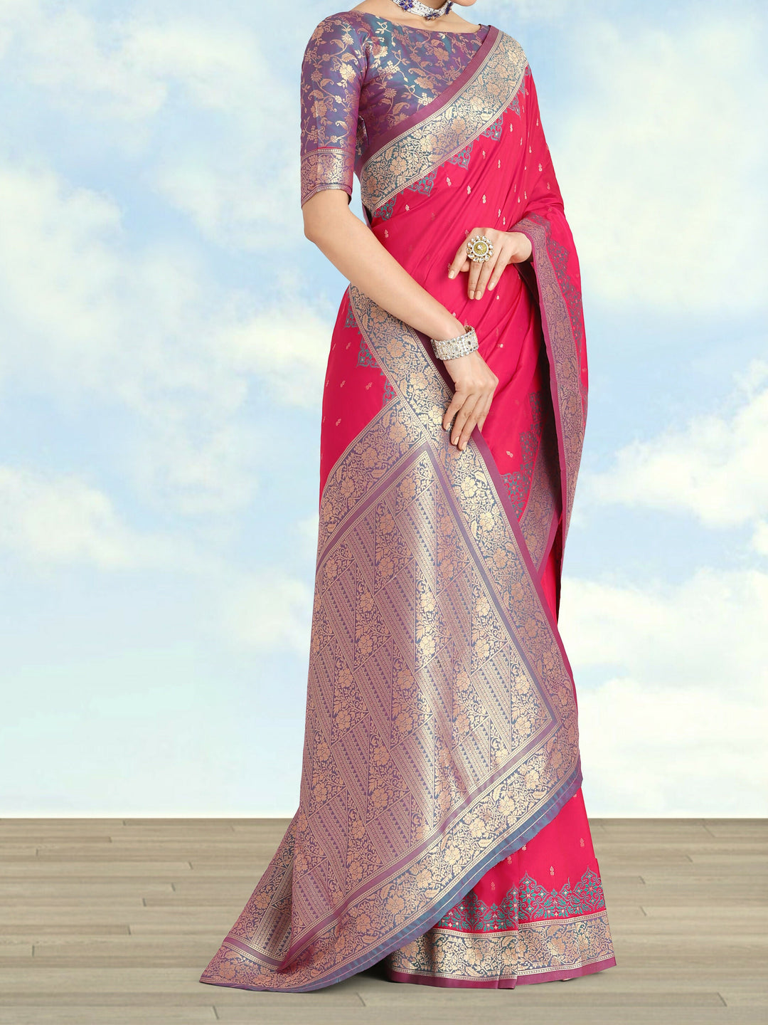 Semi Banarasi Silk Pink Color Weaving Saree| Shobitam