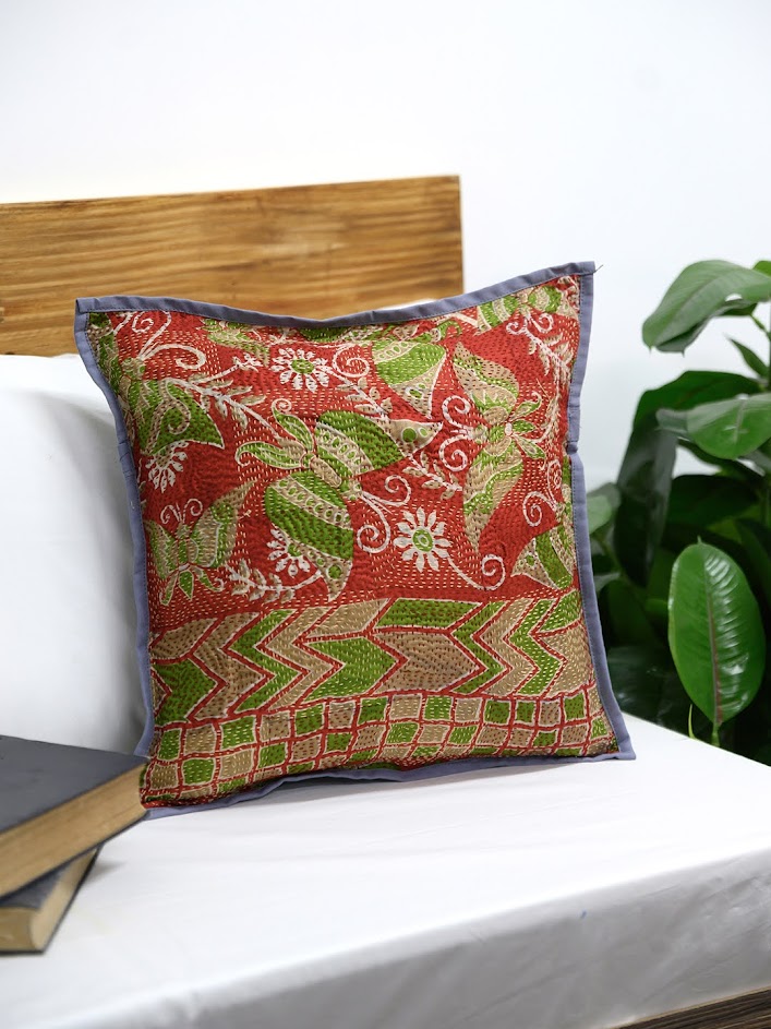 Red Brown Kantha Silk Reversible Cushion Cover - Pack of 1 | SHOBITAM