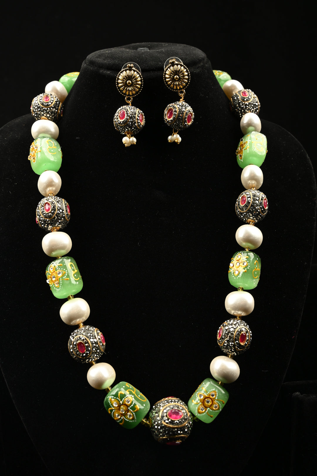 Inlay work Garden Green Handcrafted Heritage Necklace Set | SHOBITAM
