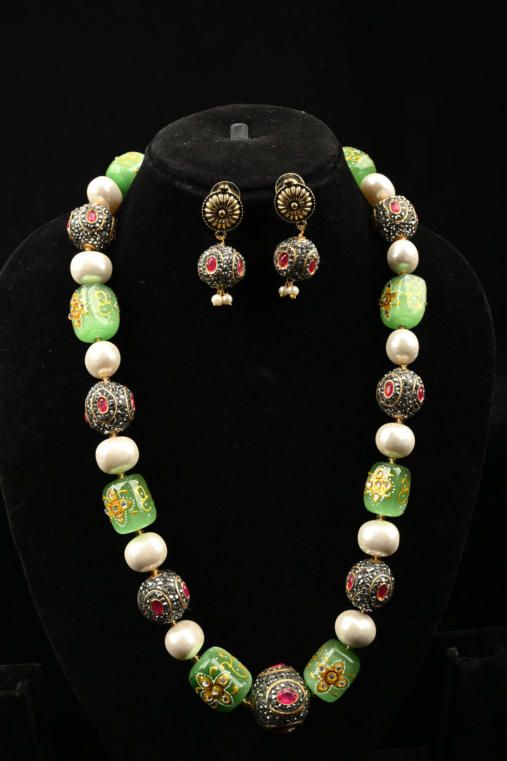 Inlay work Garden Green Handcrafted Heritage Necklace Set | SHOBITAM