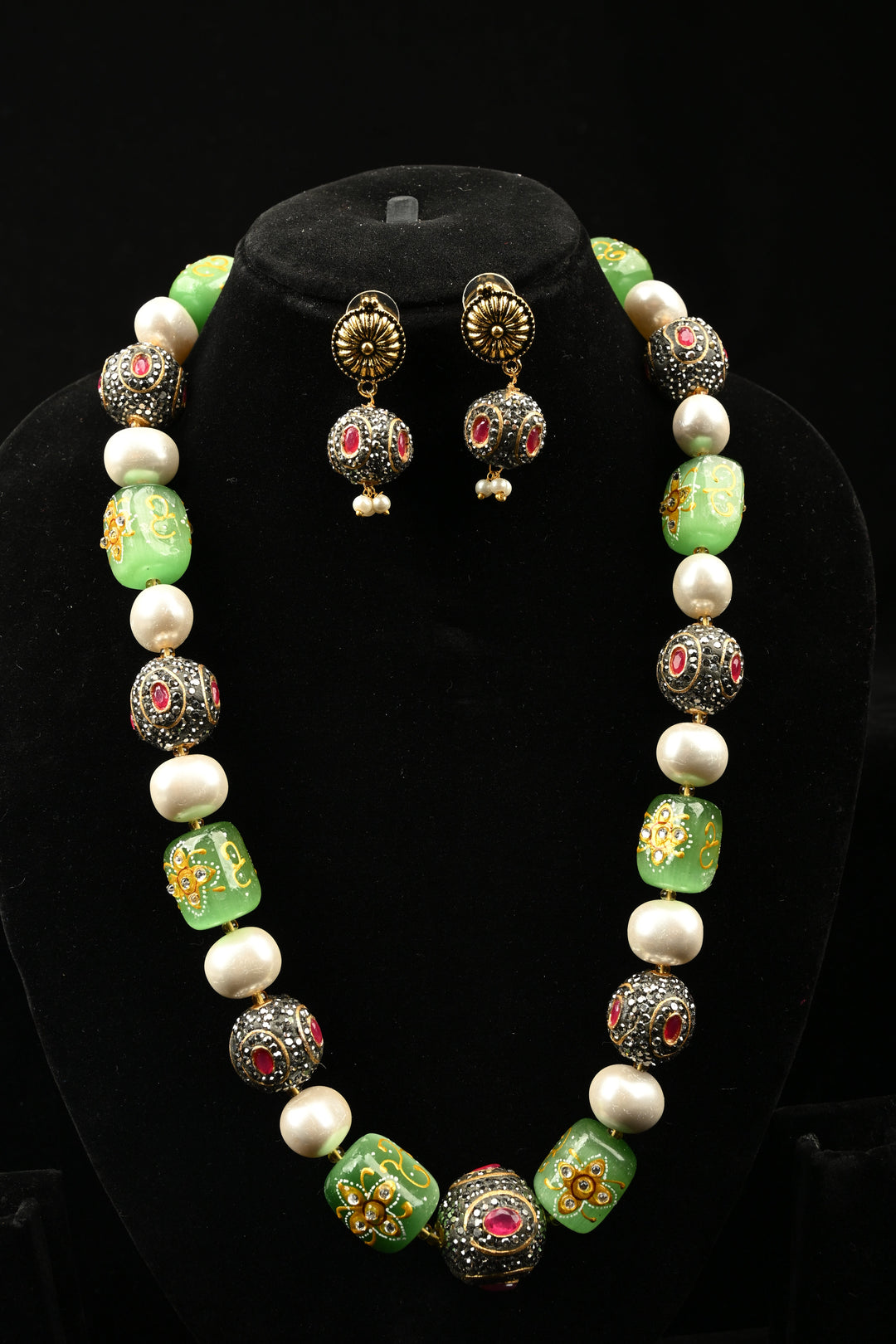 Inlay work Garden Green Handcrafted Heritage Necklace Set | SHOBITAM