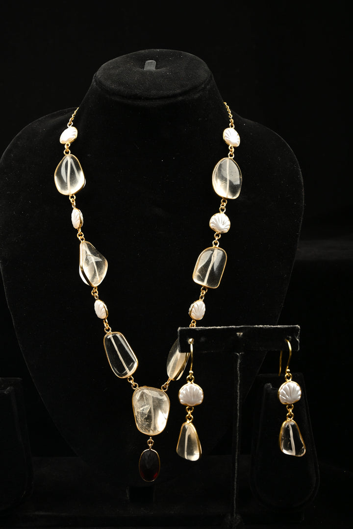 Aurora Semi precious Quartz & Pearl Statement Necklace Set | SHOBITAM
