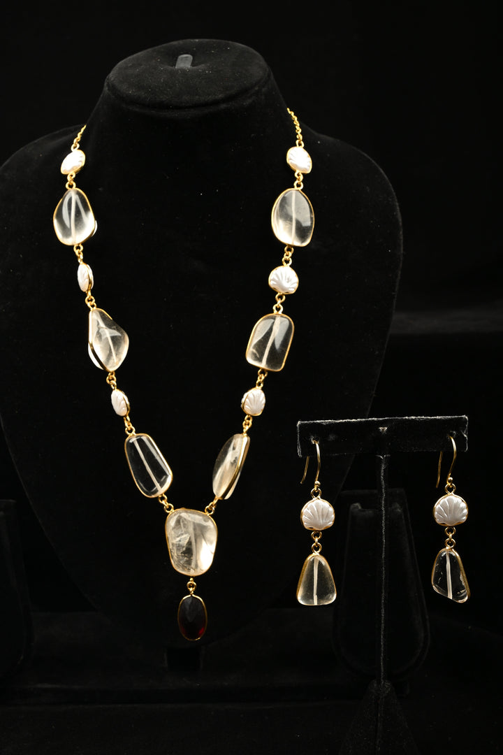 Aurora Semi precious Quartz & Pearl Statement Necklace Set | SHOBITAM
