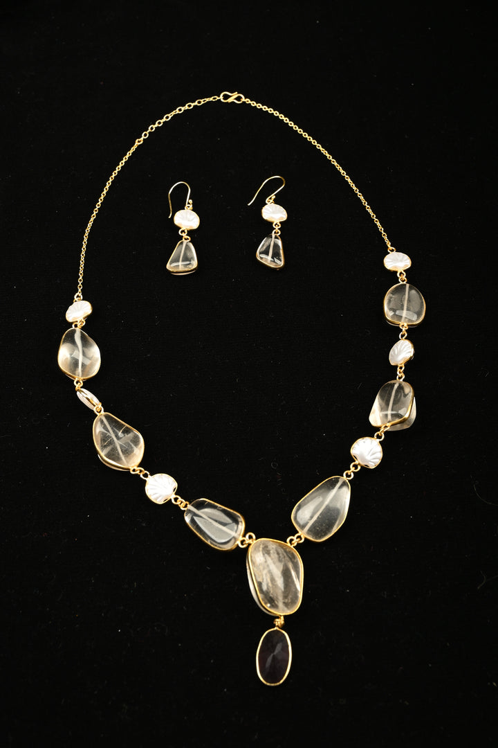 Aurora Semi precious Quartz & Pearl Statement Necklace Set | SHOBITAM