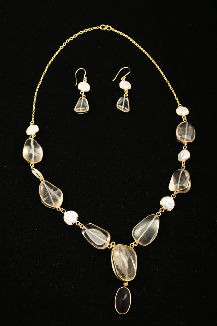 Aurora Semi precious Quartz & Pearl Statement Necklace Set | SHOBITAM