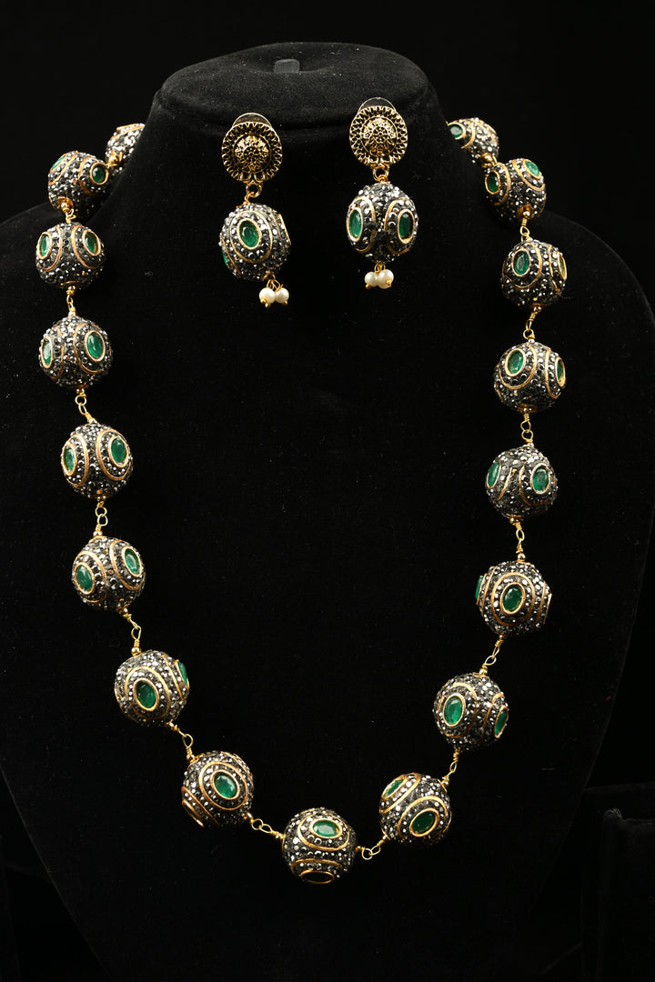 Victorian Finish Inlay Stone Necklace set with Gray and Green stones | SHOBITAM