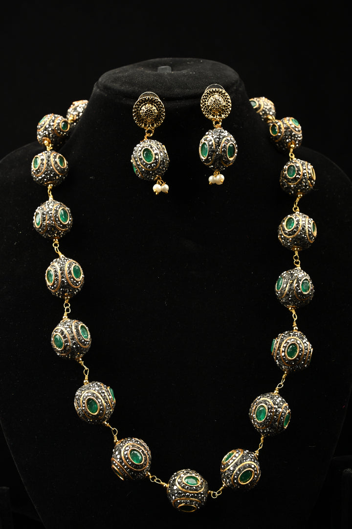 Victorian Finish Inlay Stone Necklace set with Gray and Green stones | SHOBITAM