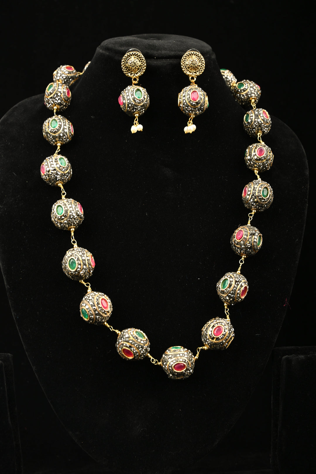Inlay work Kanak Bead Necklace Set with Red Green and Gray Stones | SHOBITAM
