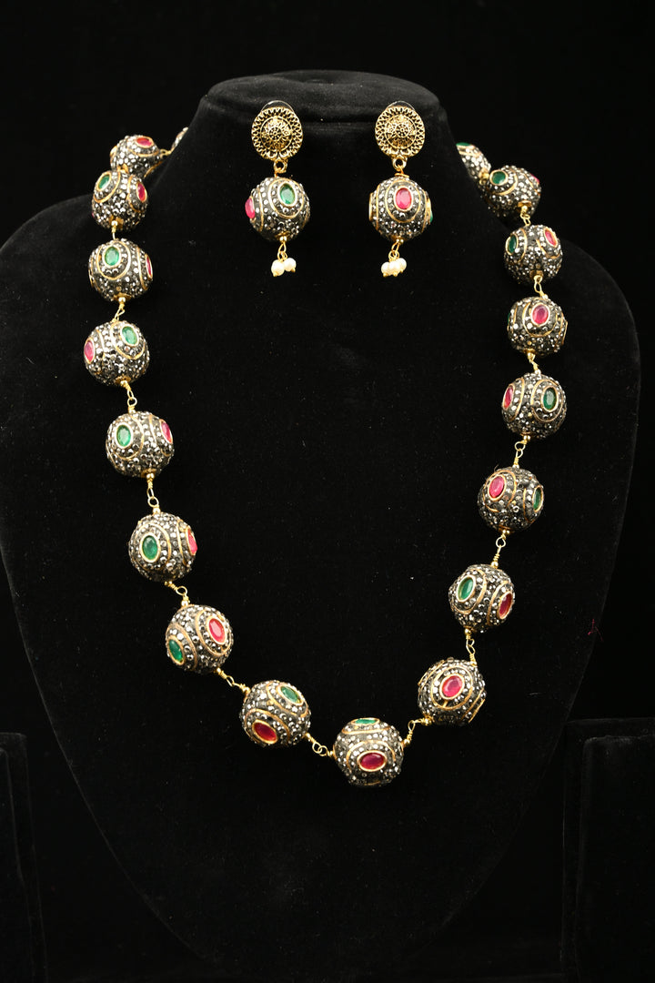 Inlay work Kanak Bead Necklace Set with Red Green and Gray Stones | SHOBITAM