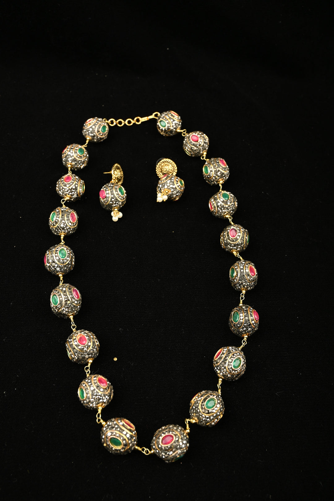 Inlay work Kanak Bead Necklace Set with Red Green and Gray Stones | SHOBITAM