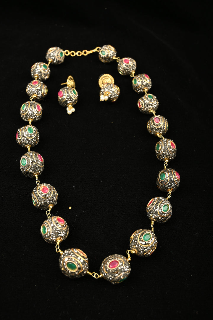 Inlay work Kanak Bead Necklace Set with Red Green and Gray Stones | SHOBITAM