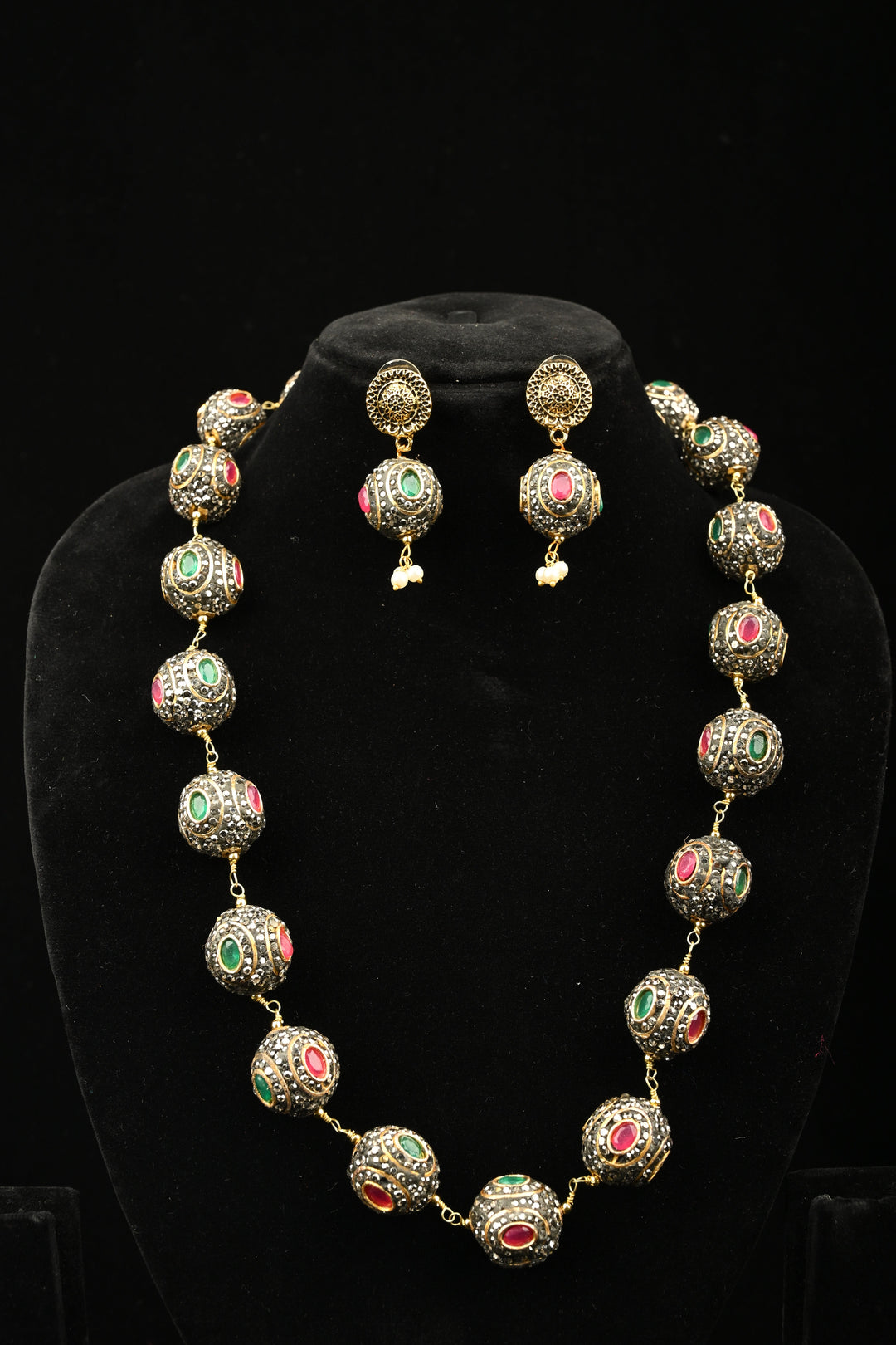 Inlay work Kanak Bead Necklace Set with Red Green and Gray Stones | SHOBITAM