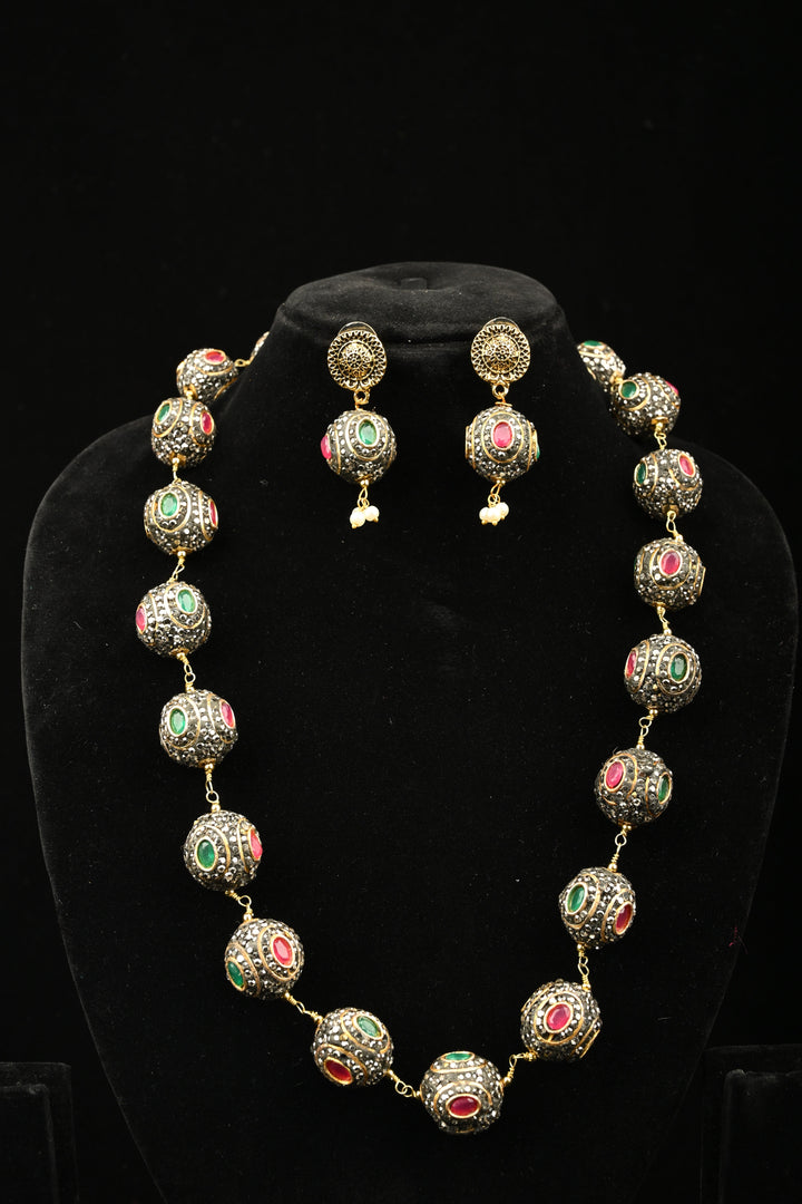Inlay work Kanak Bead Necklace Set with Red Green and Gray Stones | SHOBITAM