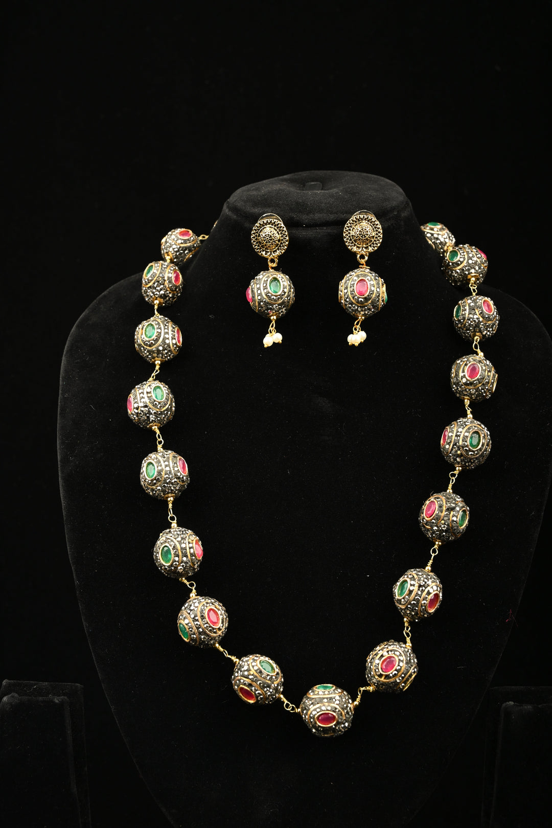Inlay work Kanak Bead Necklace Set with Red Green and Gray Stones | SHOBITAM