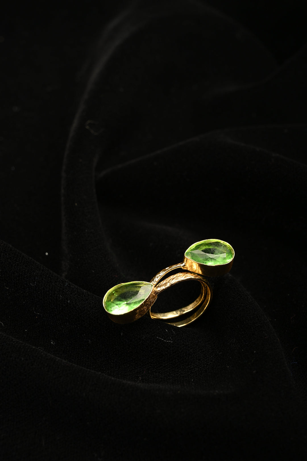 Vibrant Green Fusion-Peridot Double Pear Adjustable Brass Ring | SHOBITAM