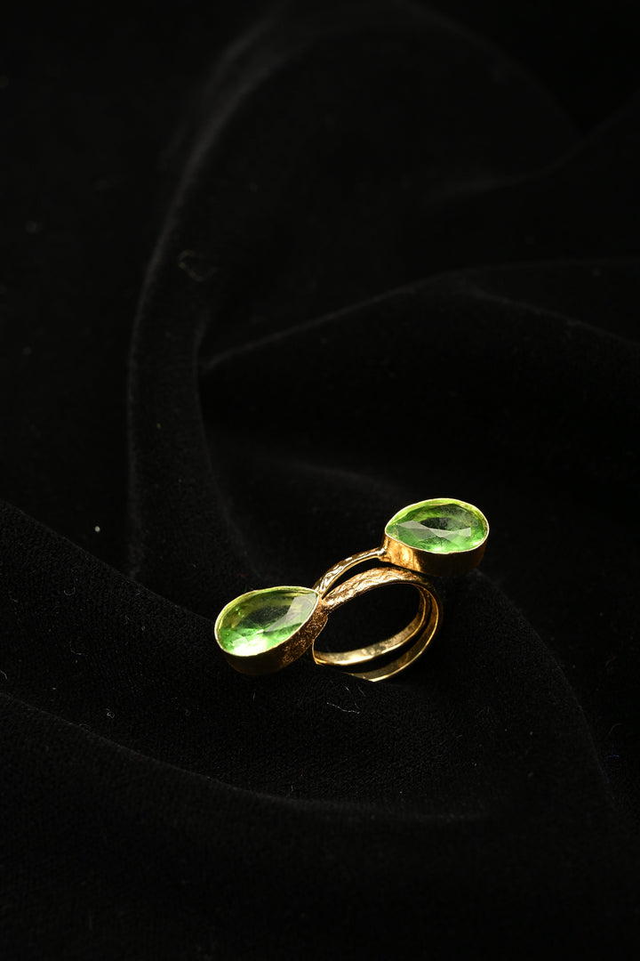 Vibrant Green Fusion-Peridot Double Pear Adjustable Brass Ring | SHOBITAM