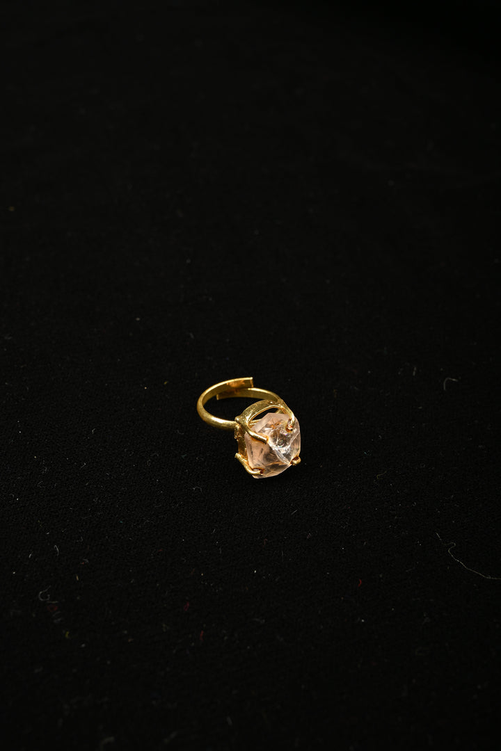 Dusky Rose Rutilated Quartz Adjustable Brass Ring | SHOBITAM