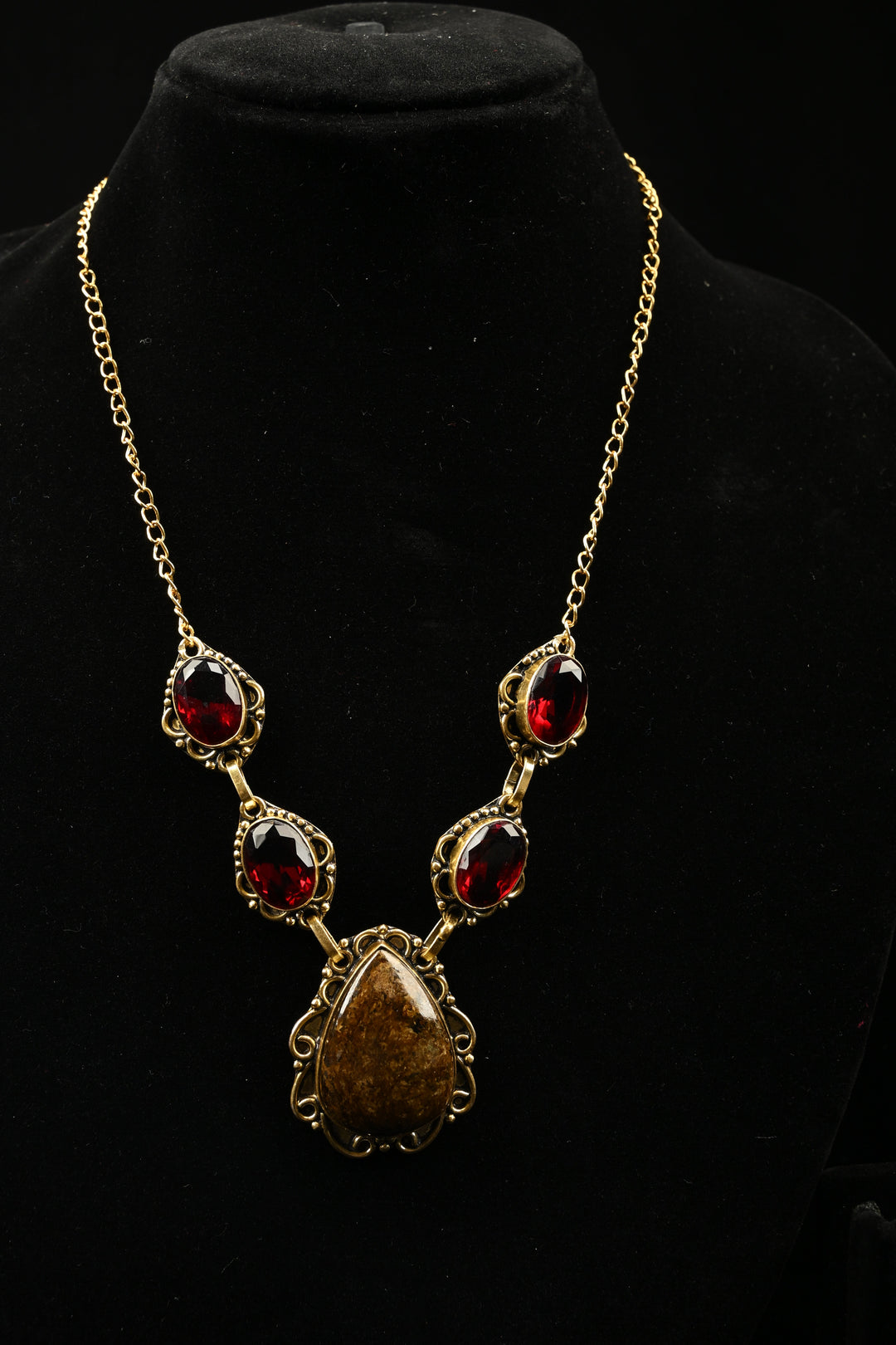 Catherine Red & Smoky Quartz Gold Tone Necklace | SHOBITAM