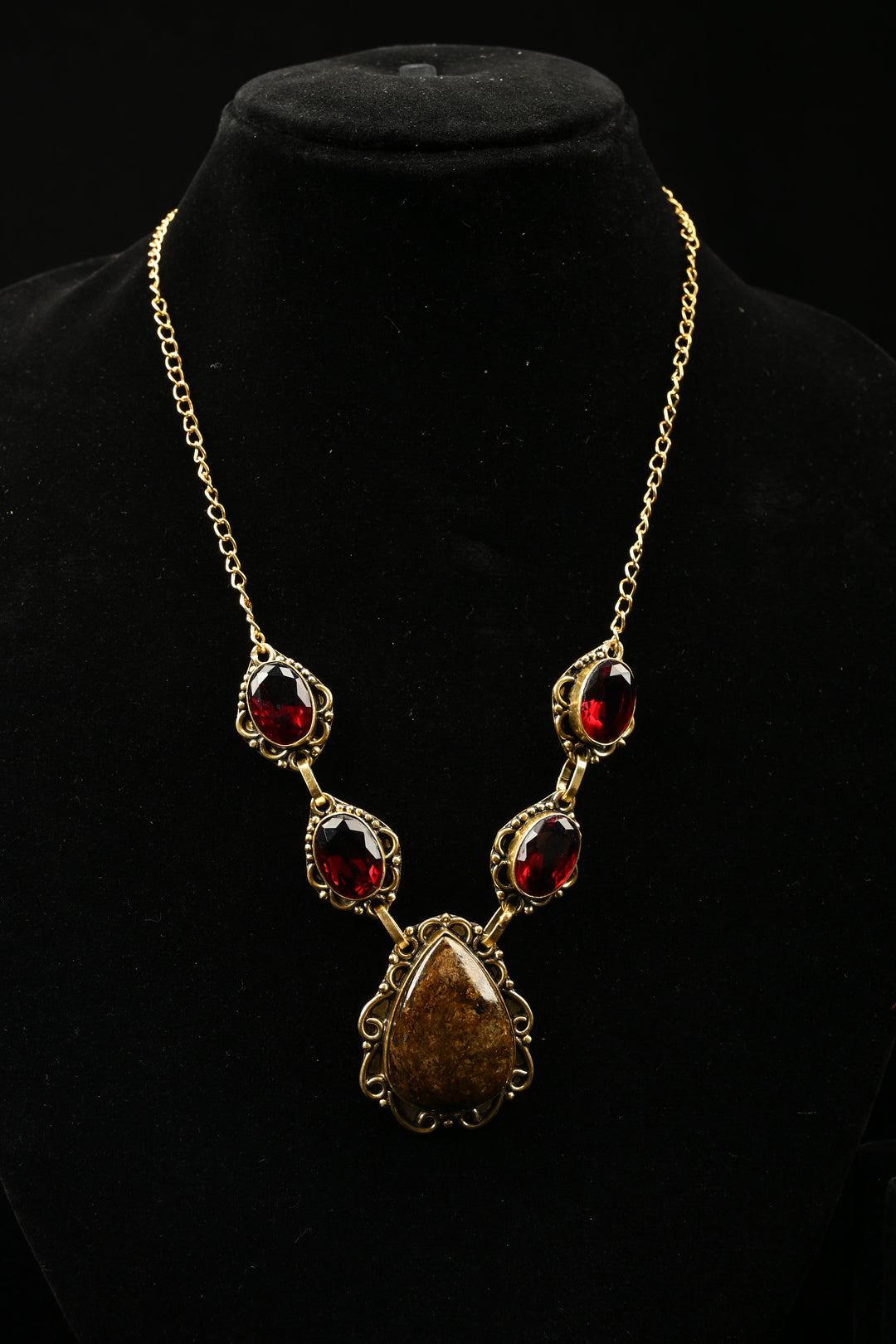 Catherine Red & Smoky Quartz Gold Tone Necklace | SHOBITAM