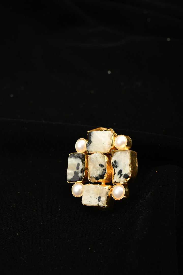 Dalmatian Inspired Dendritic Agate & Pearl Square Cluster Adjustable Brass Ring | SHOBITAM