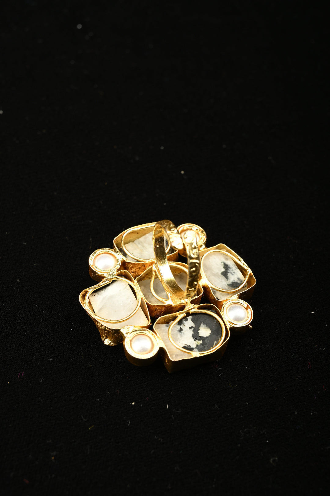 Dalmatian Inspired Dendritic Agate & Pearl Square Cluster Adjustable Brass Ring | SHOBITAM