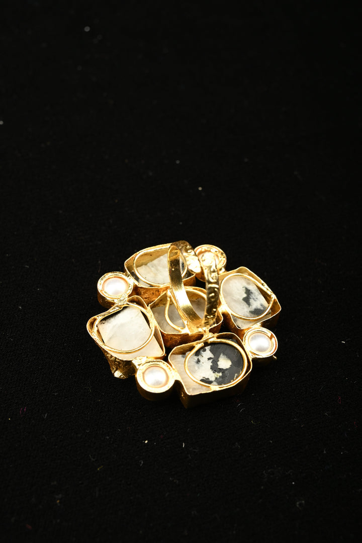 Dalmatian Inspired Dendritic Agate & Pearl Square Cluster Adjustable Brass Ring | SHOBITAM