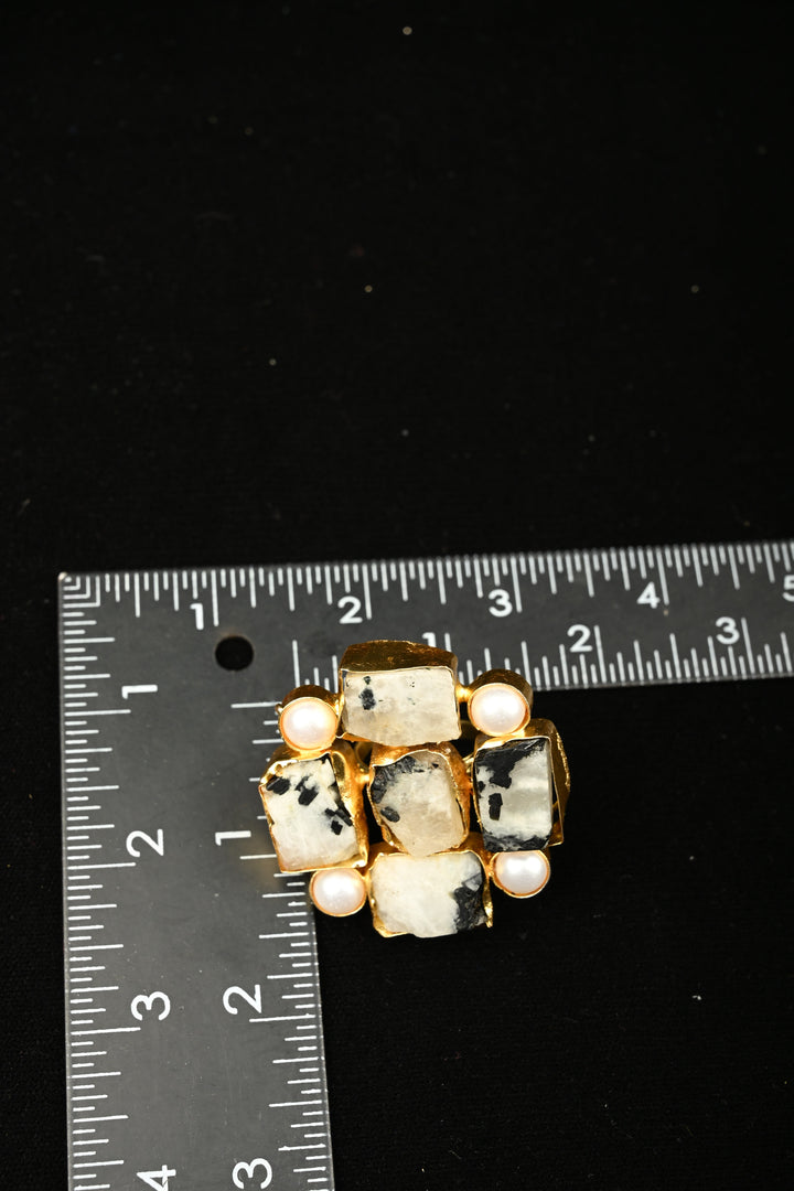 Dalmatian Inspired Dendritic Agate & Pearl Square Cluster Adjustable Brass Ring | SHOBITAM
