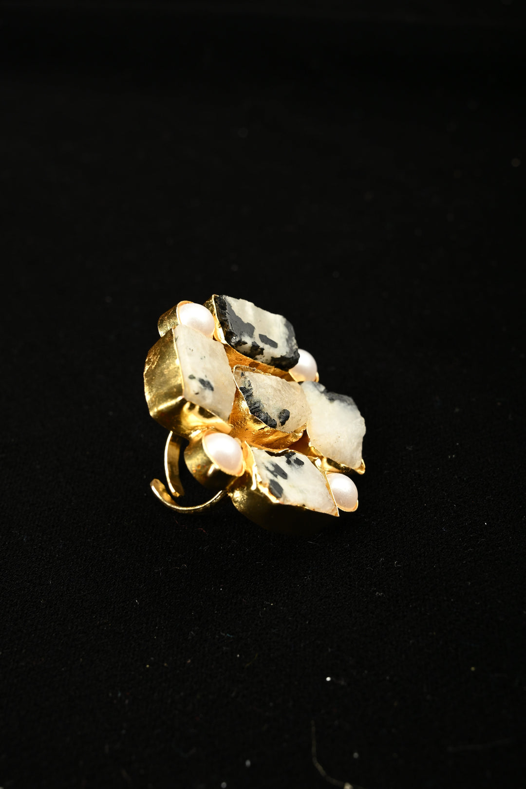 Dalmatian Inspired Dendritic Agate & Pearl Square Cluster Adjustable Brass Ring | SHOBITAM