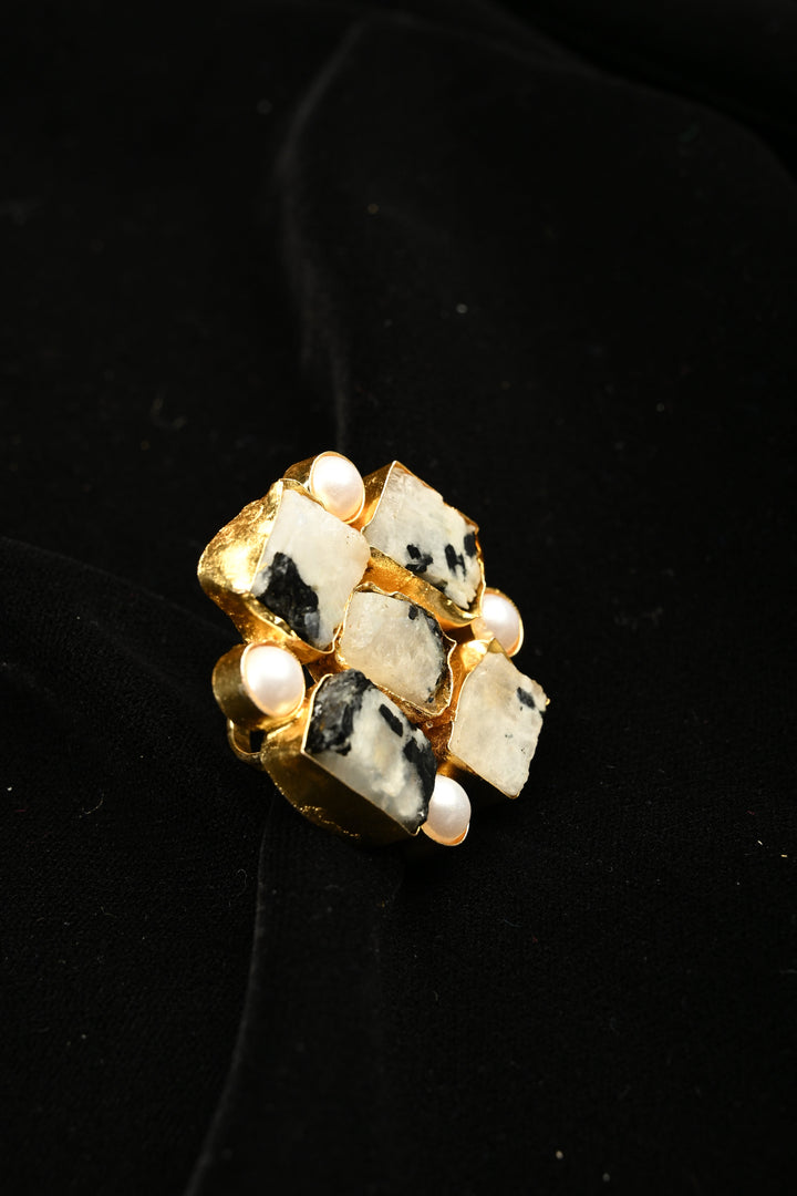 Dalmatian Inspired Dendritic Agate & Pearl Square Cluster Adjustable Brass Ring | SHOBITAM